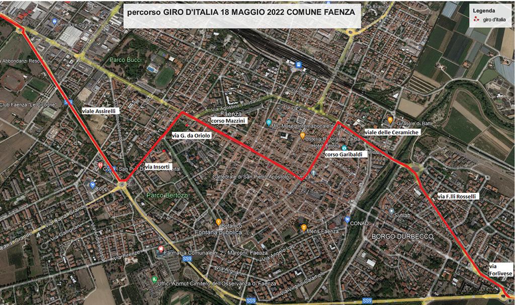 Tracciato del percorso del Giro d'Italia nel centro cittadino di Faenza